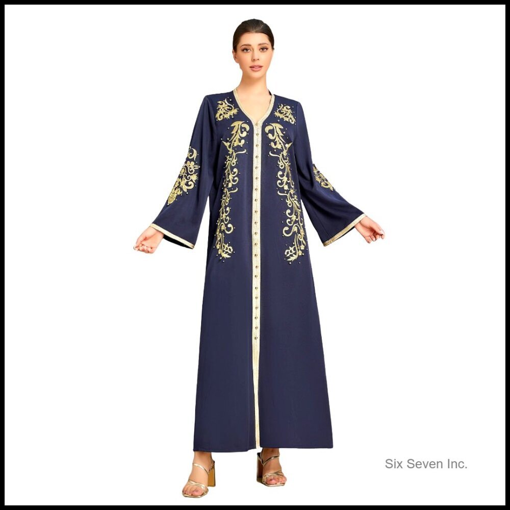 Embroidered Kaftan Dress Plus Size V Neck Abaya Robe